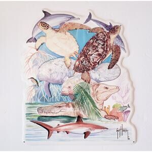 Guy Harvey Sea Turtles Manatees Dolphin Metal Sign Fish Nautical Decor 16" x 14"